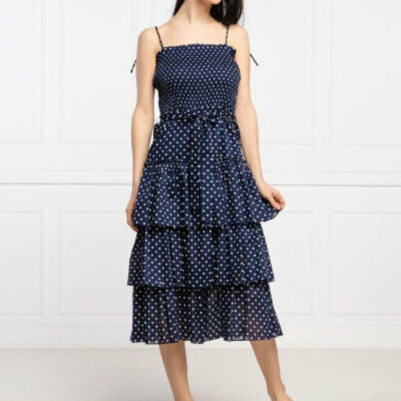 Tory Burch Silk Printed Tiered Ruffle Dress - Navy Polka Dot - size small - Picture 3 of 3